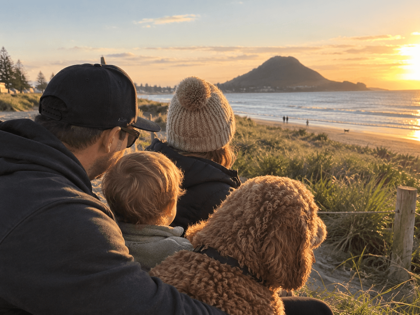 A family of three and their dog sitting together on a dune at Papamoa Beach at sunset, looking out toward Mount Maunganui