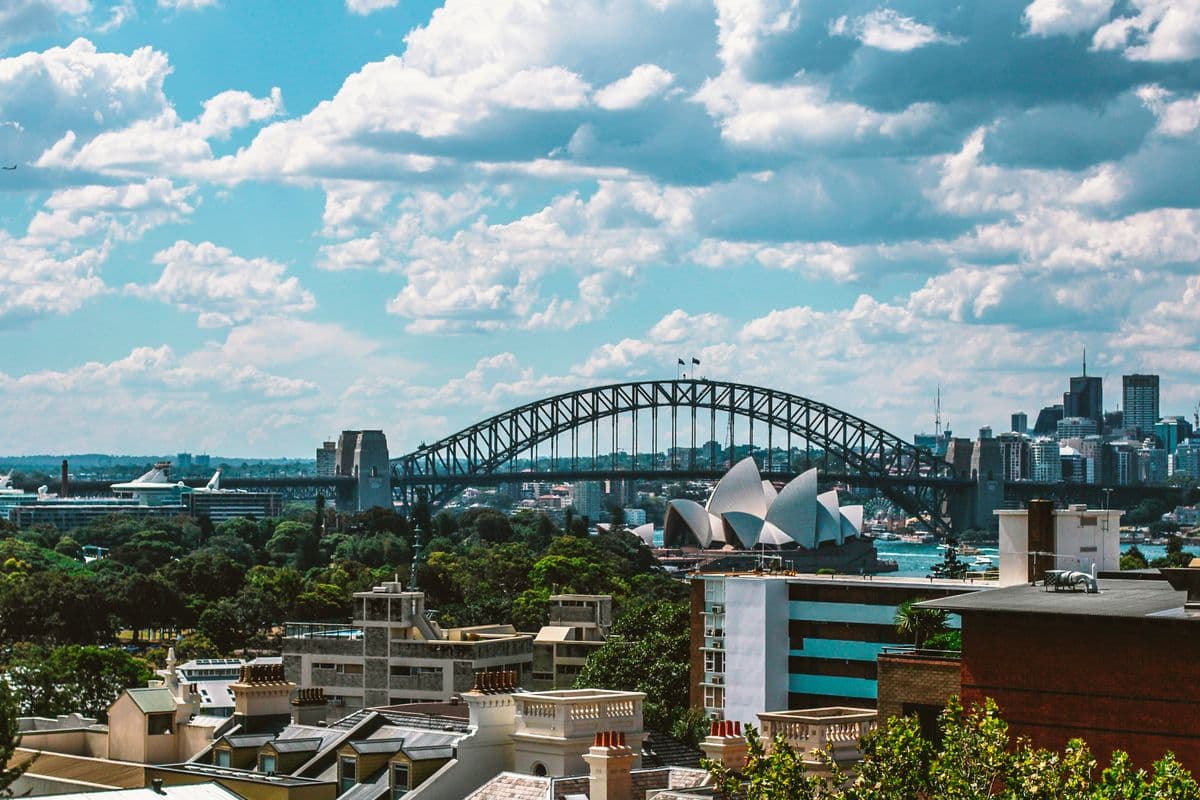 Sydney Harbour Bridge and the Sydney Opera House on a sunny day, with the city skyline behind