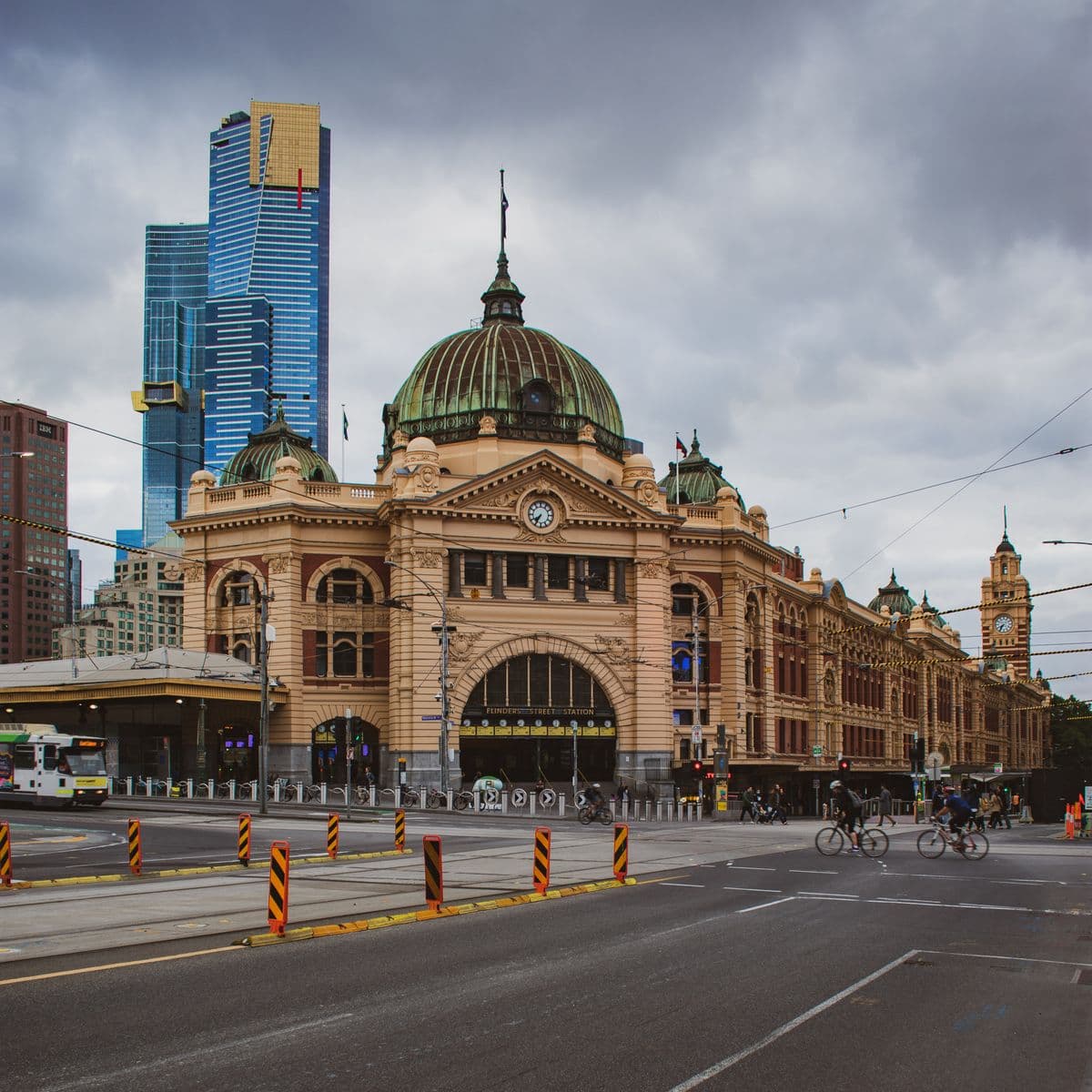 Melbourne's historic Flinders Street Station with Eureka Tower and the modern skyline behind it