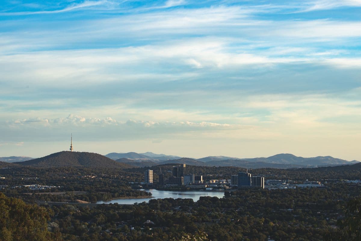 An aerial view of Canberra with Lake Burley Griffin and the Telstra Tower