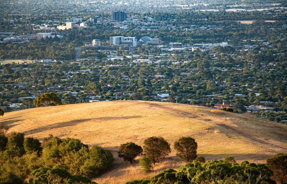 A hilltop view over Adelaide with the city skyline in the distance, South Australia